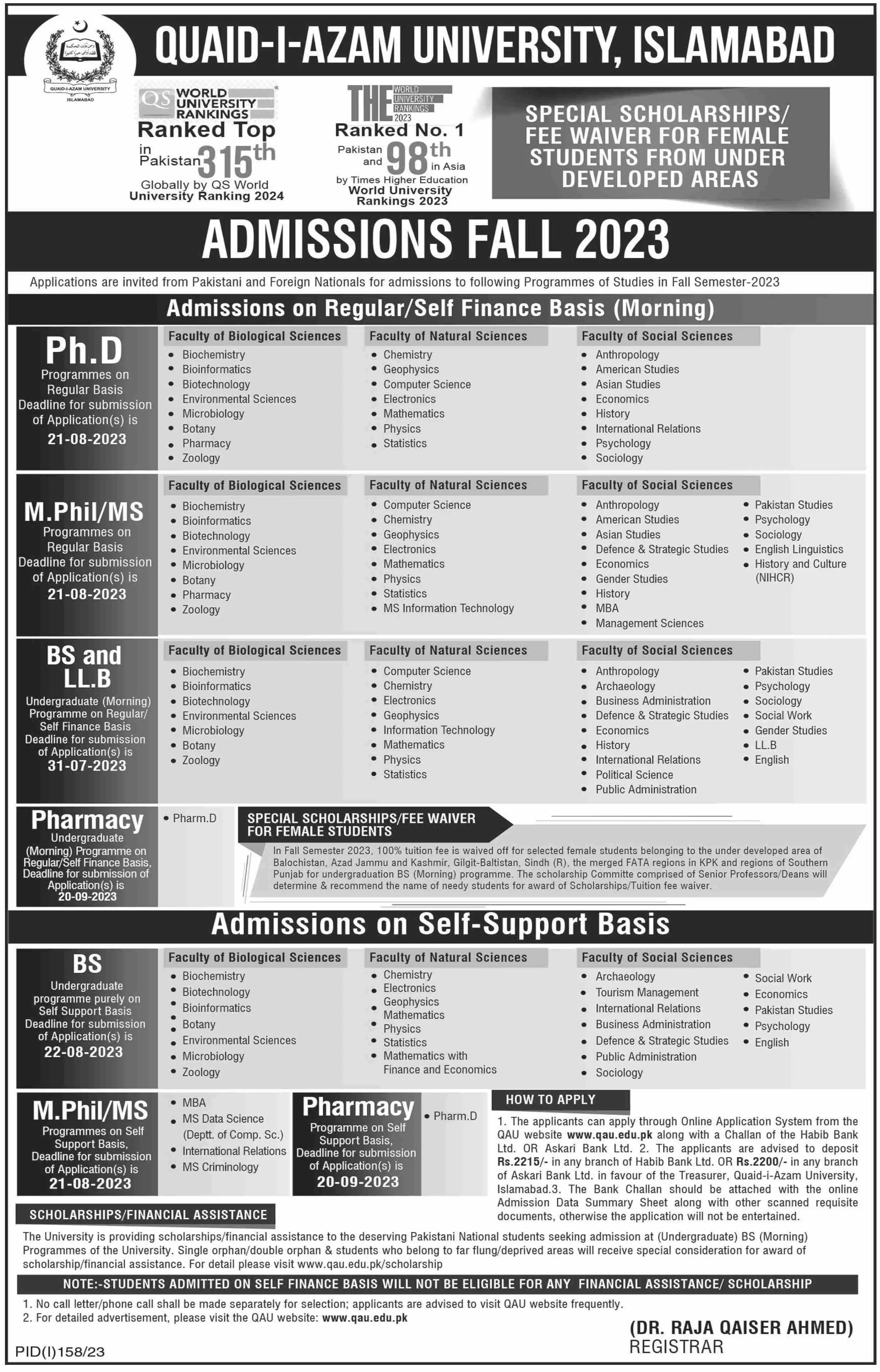 Quaid-i-Azam University,Islamabad Admissions 2023 – Quaid-i-Azam University, Islamabad , Pakistan Admissions 2023 — original advertisement