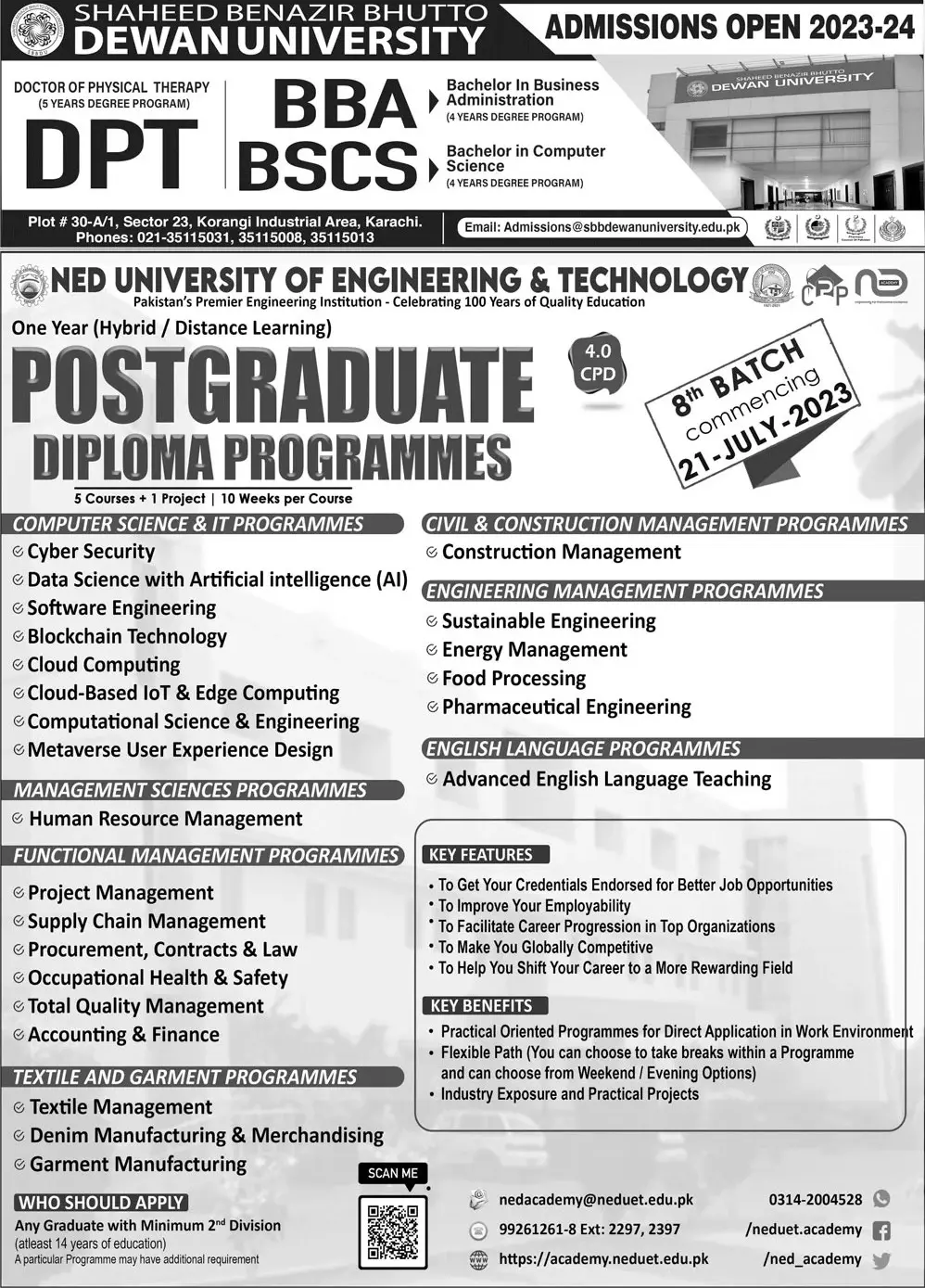 Shaheed Benazir Bhutto Dewan University Admisisons 2023 Jobs 2023 — original advertisement