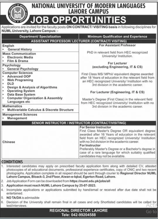 National University of Modern Languages Lahore Campus Jobs – National University of Modern Languages Islamabad Jobs 2023 — original advertisement