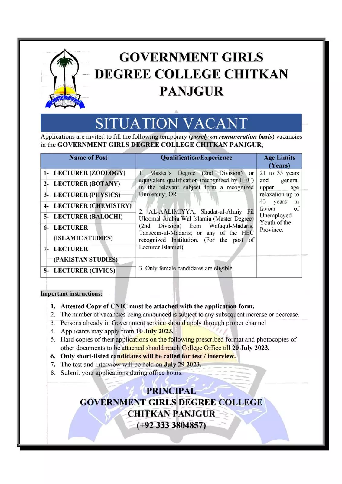 Govt Girls Degree College Chitkan Panjgur Jobs 2023 Jobs 2023 — original advertisement