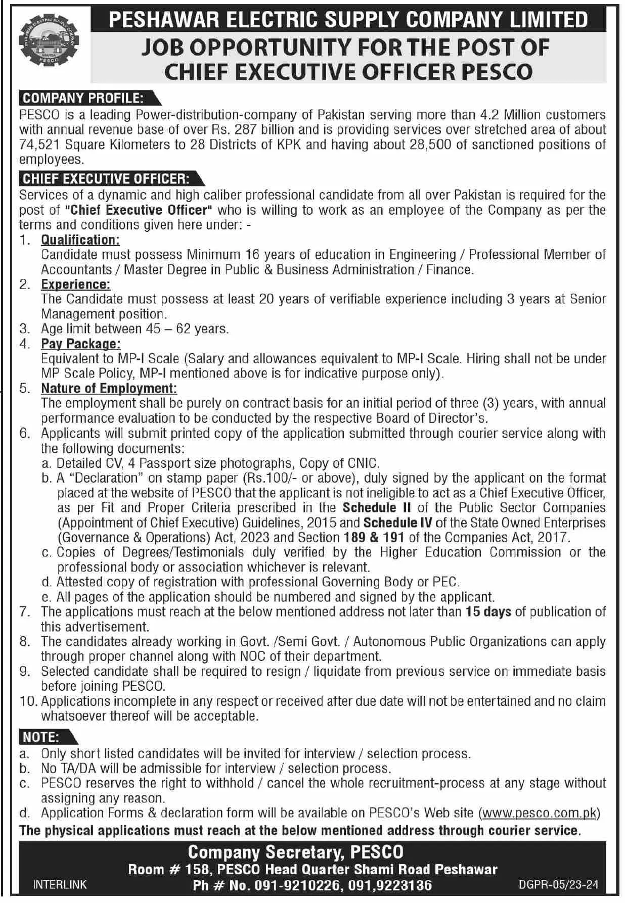 Peshawar Electric Supply Company PESCO Jobs 2023 – Peshawar Electric Supply Company - PESCO Jobs 2023 — original advertisement