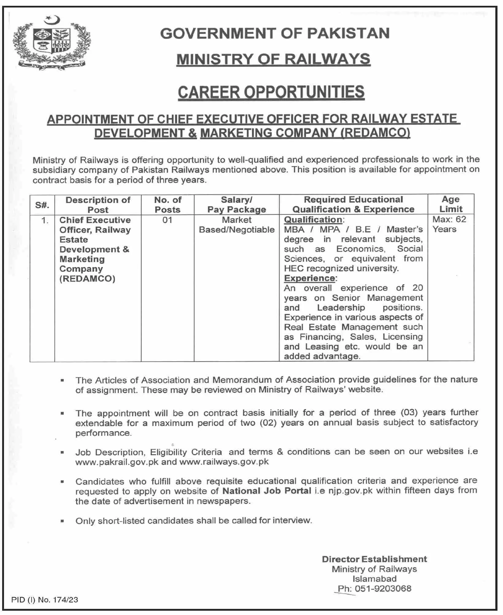 Ministry Of Railways Islamabad Jobs 2023 Jobs 2023 — original advertisement