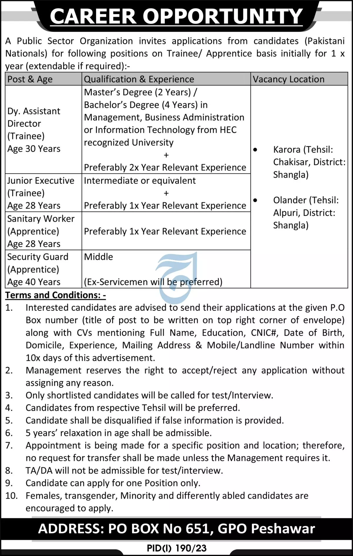 Public Sector Organization Peshawar Jobs 2023 Jobs 2023 — original advertisement