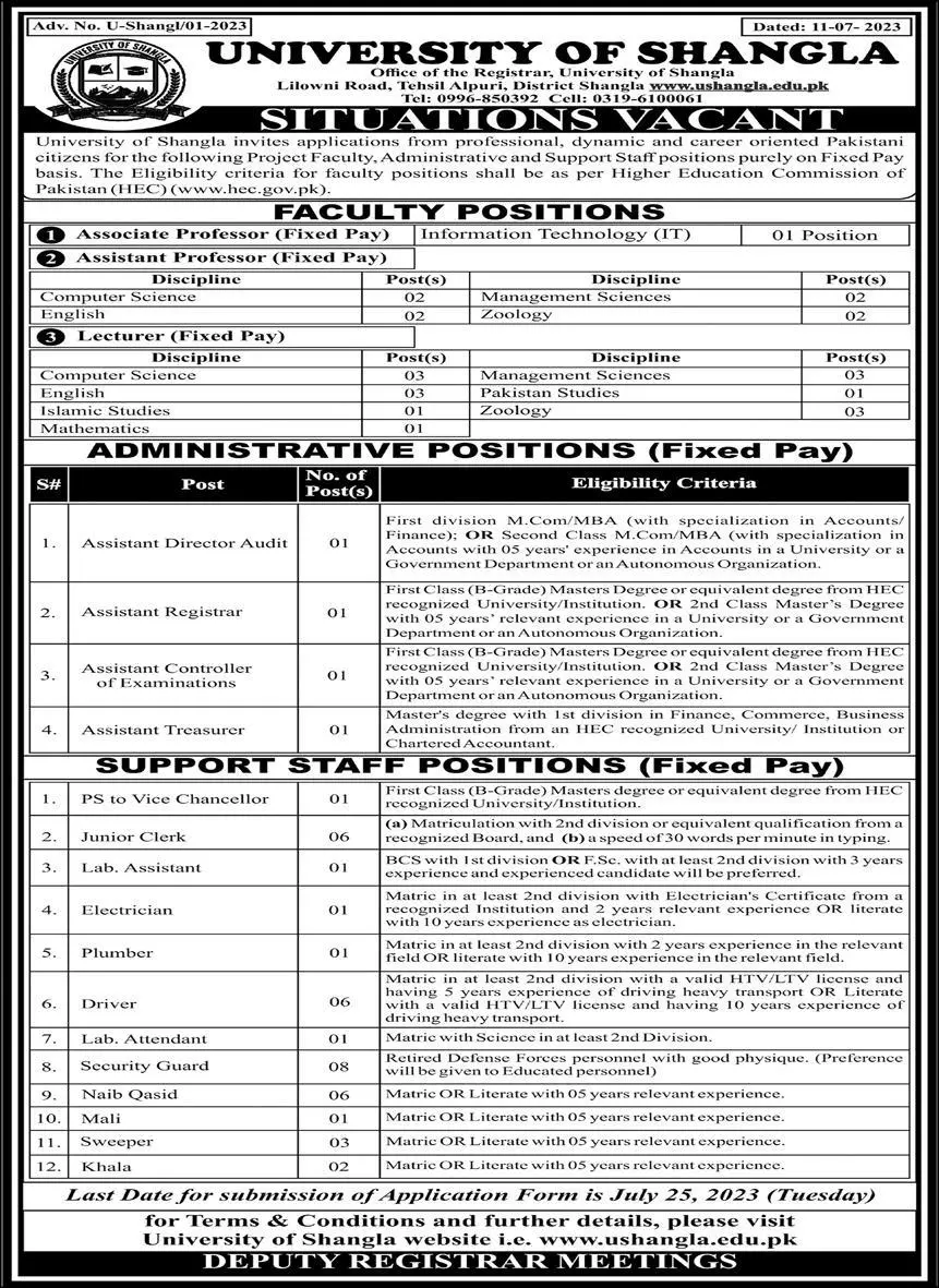 University of Shangla Khyber Pakhtunkhwa Jobs 2023 Jobs 2023 — original advertisement