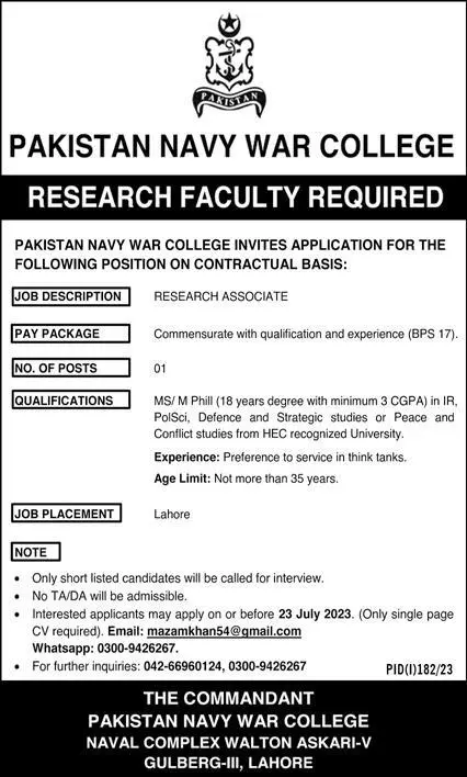 Pakistan Navy War College Lahore Jobs 2023 Jobs 2023 — original advertisement