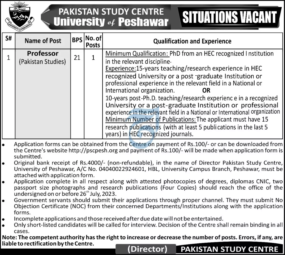 University of Peshawar Jobs 2023 Jobs 2023 — original advertisement