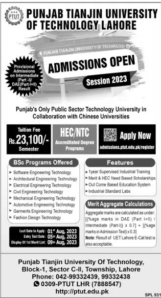 Punjab Tianjin University of Technology PTUT Admissions – Punjab Tianjin University of Technology Lahore Admissions 2023 — original advertisement
