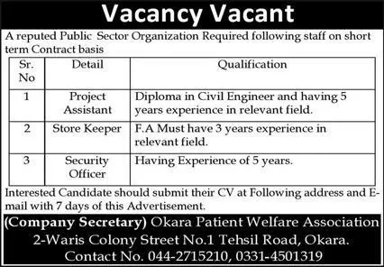 Public Sector organization Okara Punjab Jobs 2023 Jobs 2023 — original advertisement