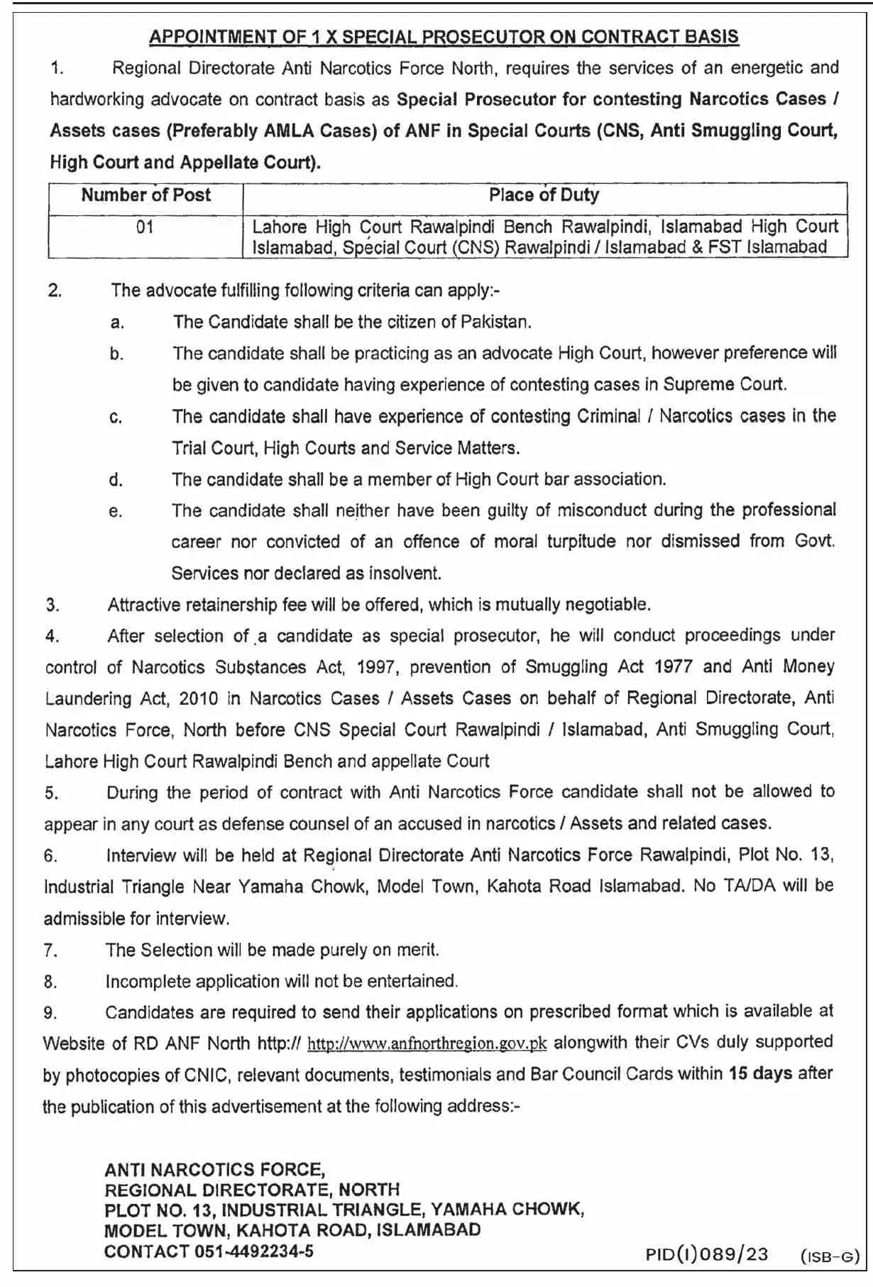 Regional Directorate Anti Narcotics Force North Jobs 2023 – Anti Narcotics Force Pakistan Jobs 2023 — original advertisement