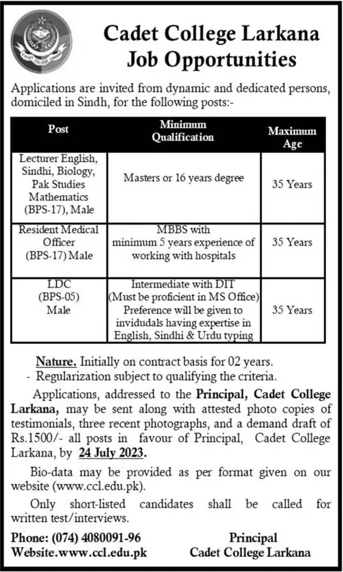 Cadet College Larkana Sindh Jobs 2023 Jobs 2023 — original advertisement