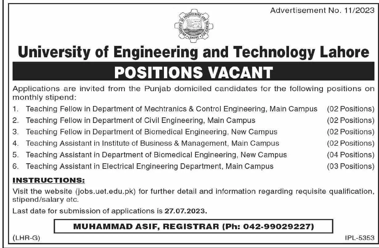 University of Engineering and Technology Lahore Jobs 2023 – University of Engineering  & Technology Lahore Jobs 2023 — original advertisement