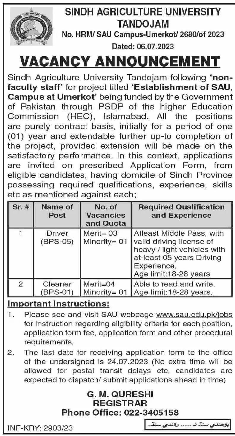 Sindh Agriculture University Tando Jam Jobs 2023 – Sindh Agriculture University Tandojam Jobs 2023 — original advertisement