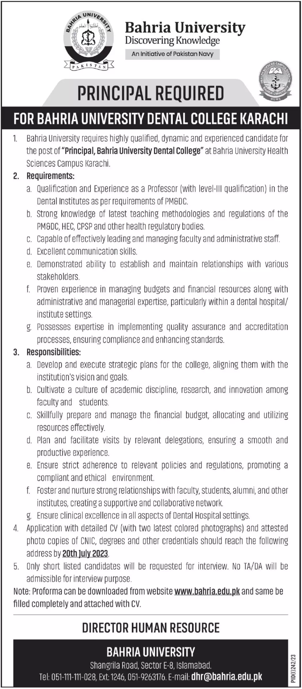Bahria University Dental College Karachi Jobs 2023 Jobs 2023 — original advertisement