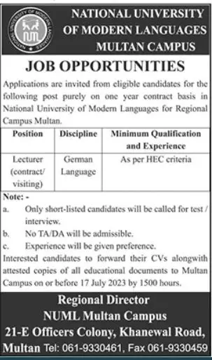 National University Of Modern Languages Multan Campus Jobs – National University of Modern Languages Islamabad Jobs 2023 — original advertisement