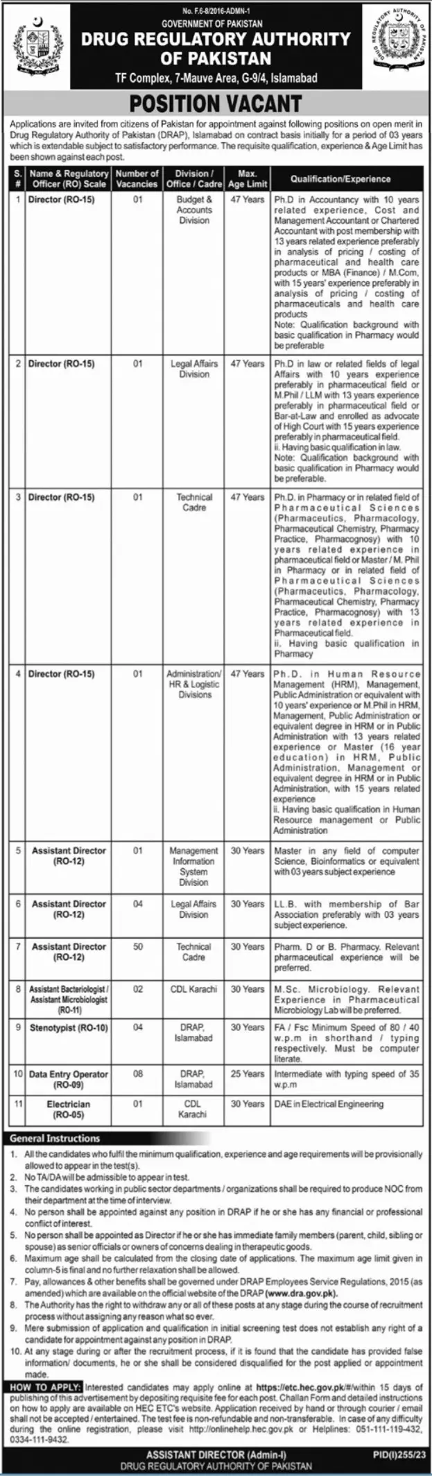 Drug Regulatory Authority Of Pakistan Islamabad Jobs 2023 Jobs 2023 — original advertisement