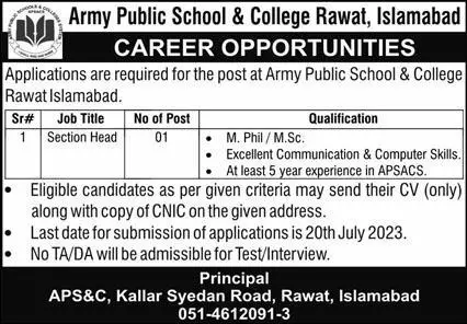 Army Public School & College APS&C Rawat Islamabad Jobs 2023 – Army Public School & College Paksitan Jobs 2023 — original advertisement