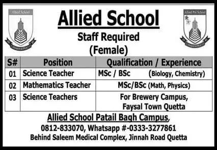 Allied School Patil Bagh Campus Quetta Jobs 2023 – Allied School System Jobs 2023 — original advertisement