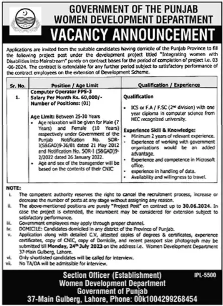 Women Development Department Lahore Punjab Jobs 2023 – Women Development Department Punjab Jobs 2023 — original advertisement