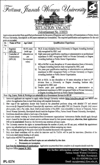 Fatima Jinnah Women University Rawalpiindi Jobs 2023 – Fatima Jinnah Women University Rawalpindi Jobs 2023 — original advertisement