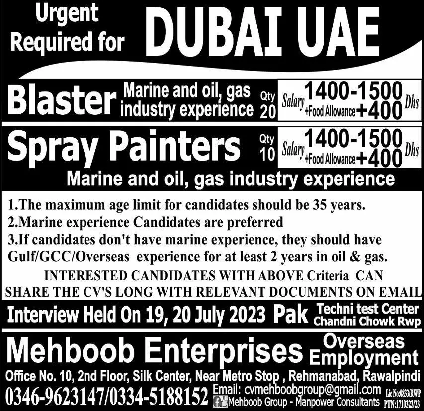 Blaster & Spray Painter Jobs 2023 In UAE – Mehboob Enterprises Overseas Employment Promoters Jobs 2023 — original advertisement