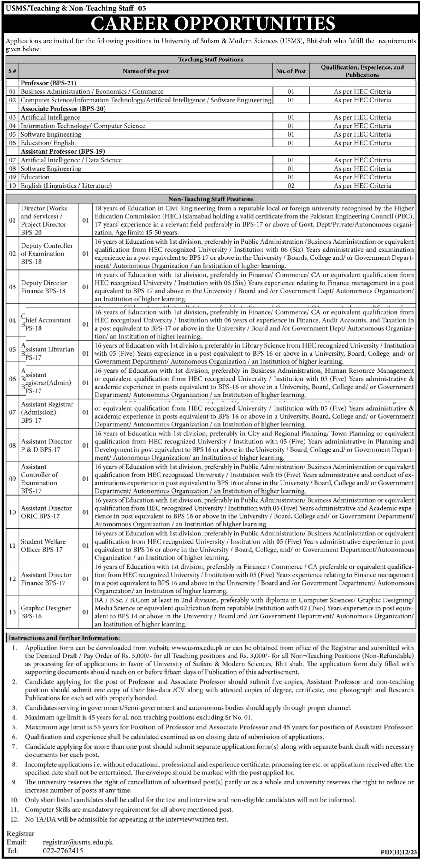 University of Sufism & Modern Sciences USMS Hyderabad Jobs – University of Sufism and Modern Sciences Bhitshah Jobs 2023 — original advertisement