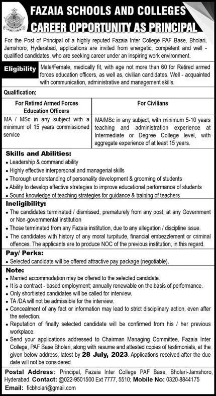 Fazaia Schools & Colleges Hyderabad Job 2023 Jobs 2023 — original advertisement