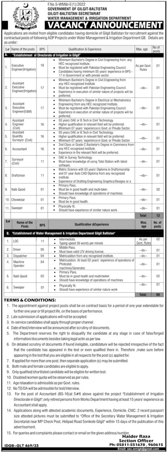 Water Management & Irrigation Department Gilgit Jobs 2023 Jobs 2023 — original advertisement