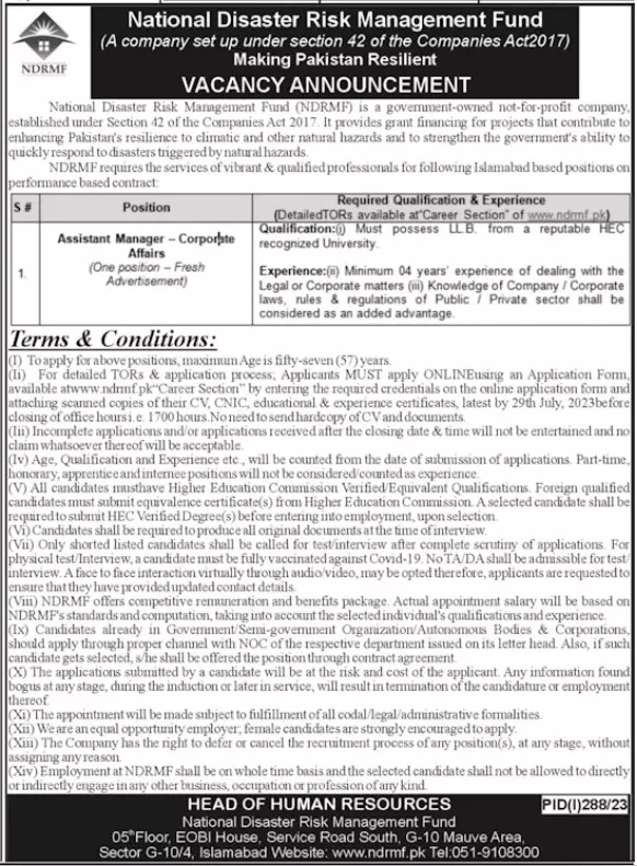 National Disaster Risk Management Fund NDRMF Islamabad Job – National Disaster & Risk Management Fund Jobs 2023 — original advertisement