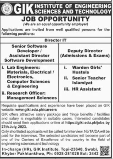 Ghulam Ishaq Khan Institute of Engineering Sciences Job 2023 – Ghulam Ishaq Khan GIK Institute of Engineering Sciences and Technology Swabi Jobs 2023 — original advertisement