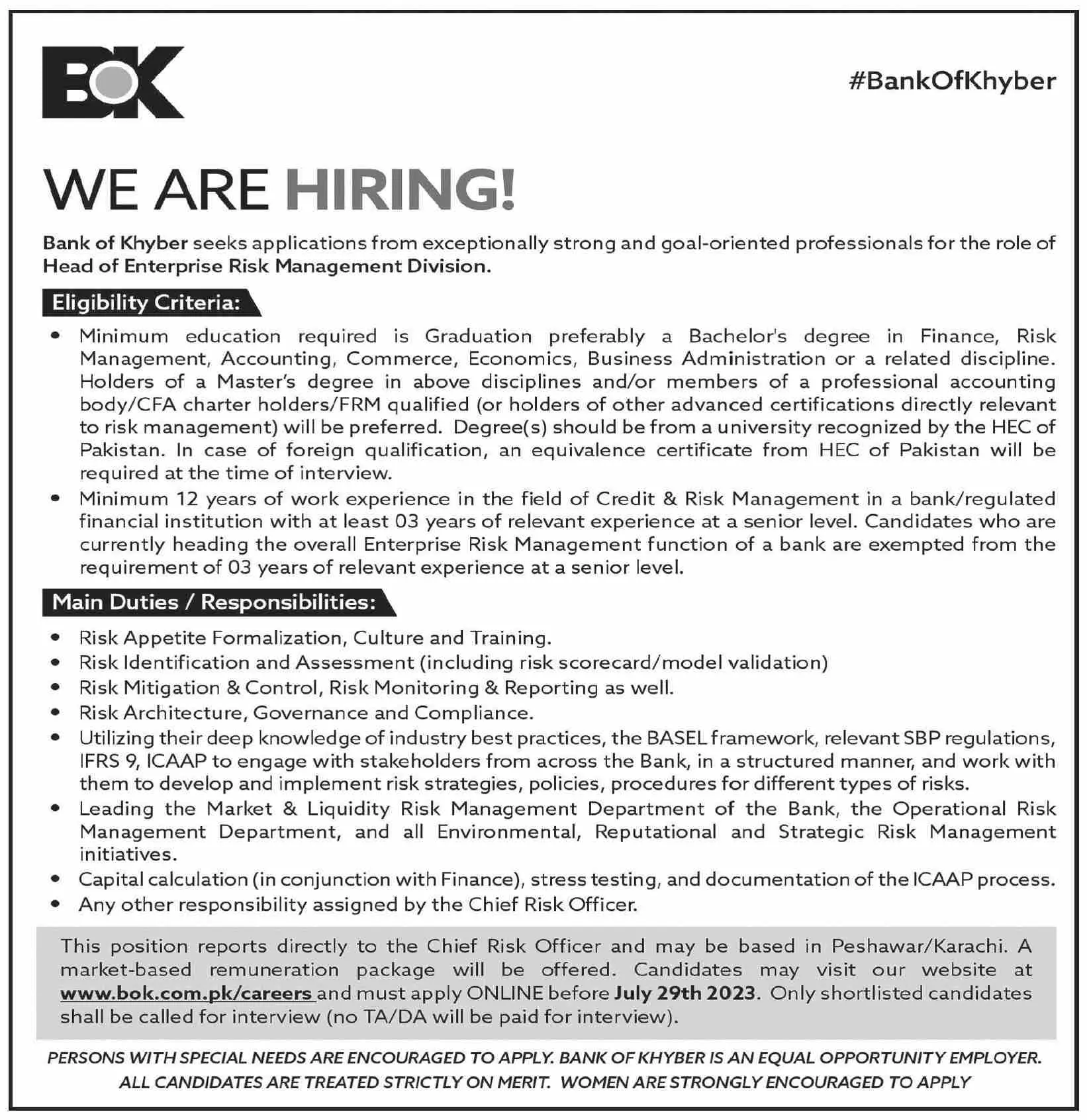 Bank of Khyber BOK Karachi Jobs 2023 Jobs 2023 — original advertisement