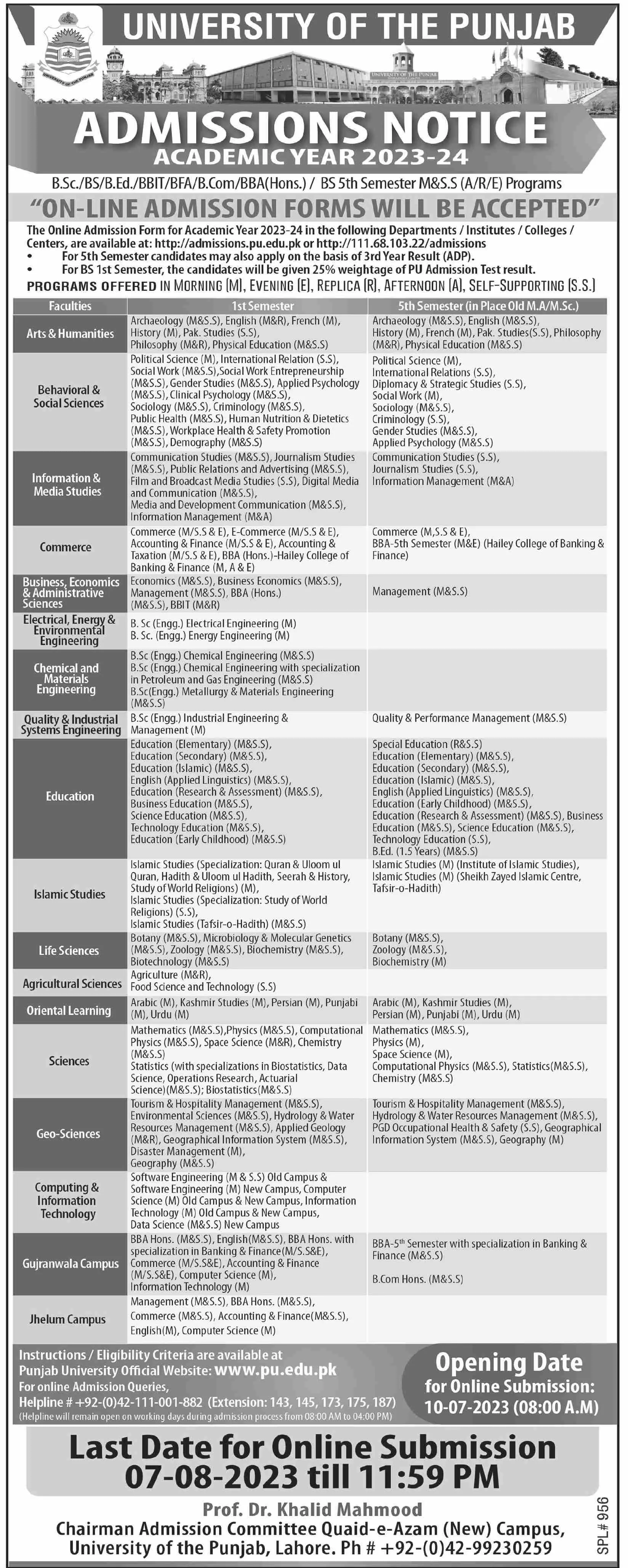 University of Punjab Admissions Lahore 2023 Admissions 2023 — original advertisement
