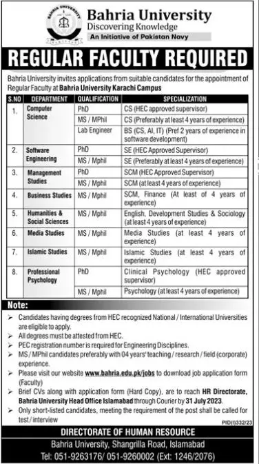 Bahria University Islamabad Federal Jobs 2023 Jobs 2023 — original advertisement