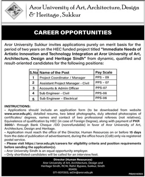 Aror University Art Architecture Sukkur Sindh Jobs 2023 – Aror university of Art Architecture Design & Heritages Sukkur Jobs 2023 — original advertisement