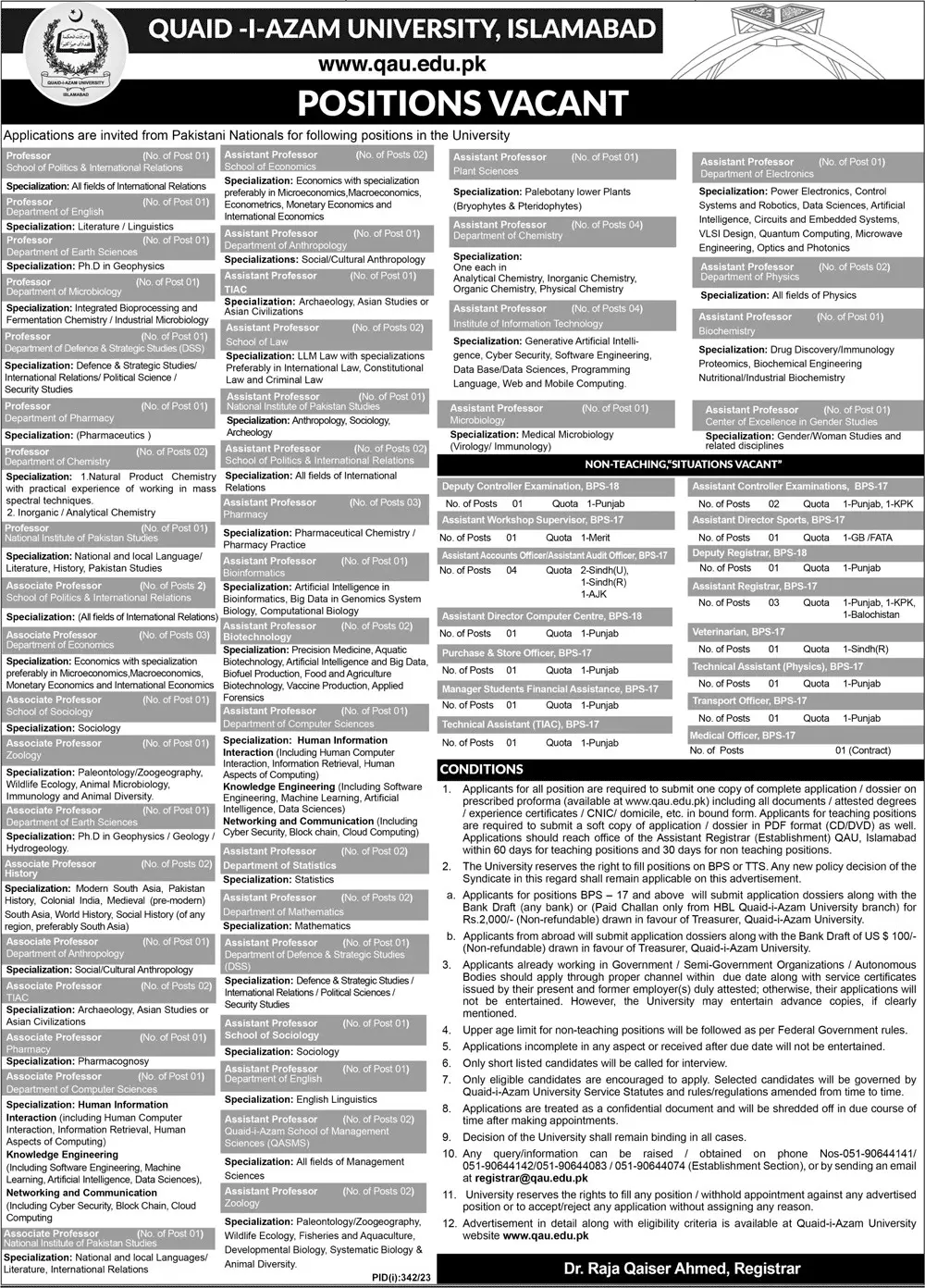 Quaid I Azam University QAU Islamabd Jobs 2023 – Quaid-i-Azam University, Islamabad , Pakistan Jobs 2023 — original advertisement