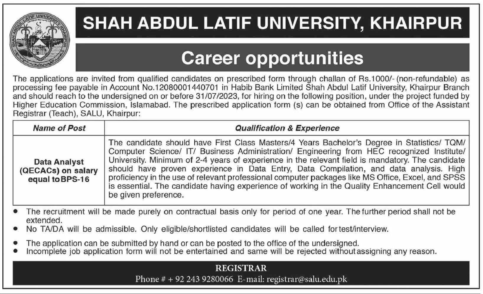 Shah Abdul Latif University Khairpur Jobs 2023 Jobs 2023 — original advertisement
