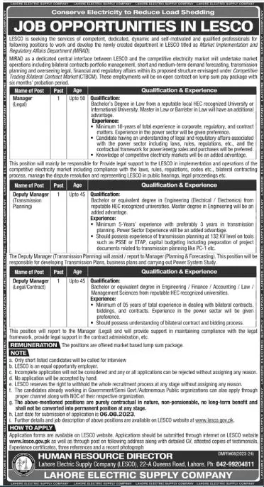 Lahore Electric Supply Company LESCO jobs 2023 – Lahore Electric Supply Company LESCO Lahore Jobs 2023 — original advertisement