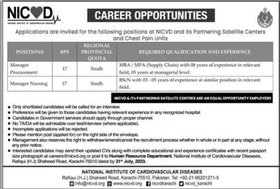 National Institute Of Cardiovascular Diseases Jobs 2023 – National Institute of Cardiovascular Diseases (NICVD) Sindh Karachi Jobs 2023 — original advertisement