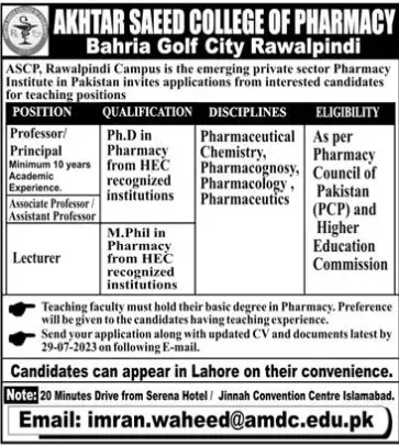 Akhtar Saeed College of Pharmacy Bahria Gulf City Jobs 2023 – Akhtar Saeed Medical And Dental College Jobs 2023 — original advertisement