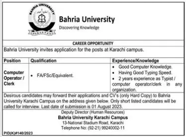 Bahria University Karachi Jobs 2023 Jobs 2023 — original advertisement