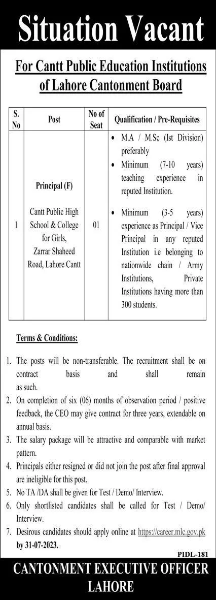 Cantt Public Education Institutes of Lahore Jobs 2023 – Cantonment Board Jobs 2023 — original advertisement