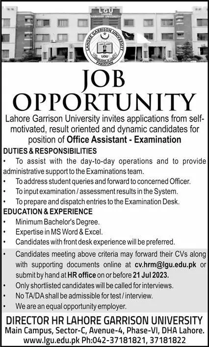 Lahore Garrison University Lahore Jobs 2023 Jobs 2023 — original advertisement