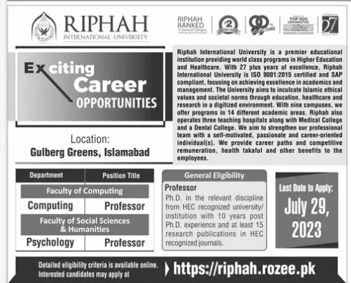 Riphah International University Islamabad Job 2023 Jobs 2023 — original advertisement