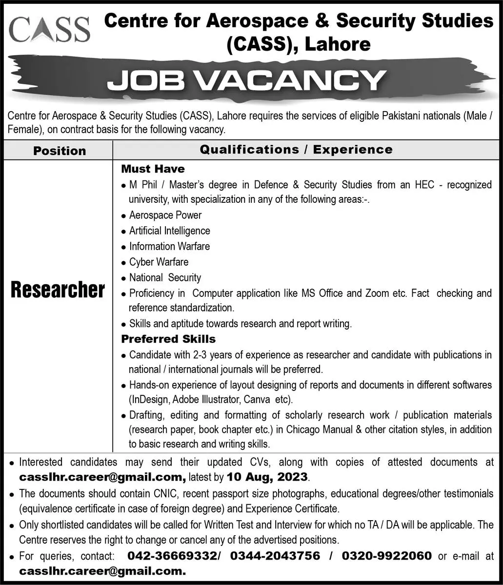 Centre For Aerospace & Security Studies Cass Lahore Jobs Jobs 2023 — original advertisement