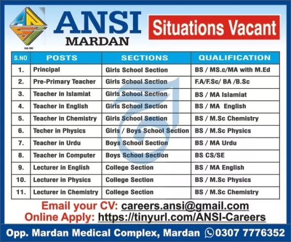 Ansi School & College Mardan Jobs 2023 Jobs 2023 — original advertisement
