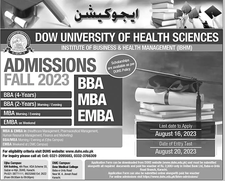 Dow University of Health Sciences Admissions 2023 – Dow University of Health Sciences Karachi Admissions 2023 — original advertisement