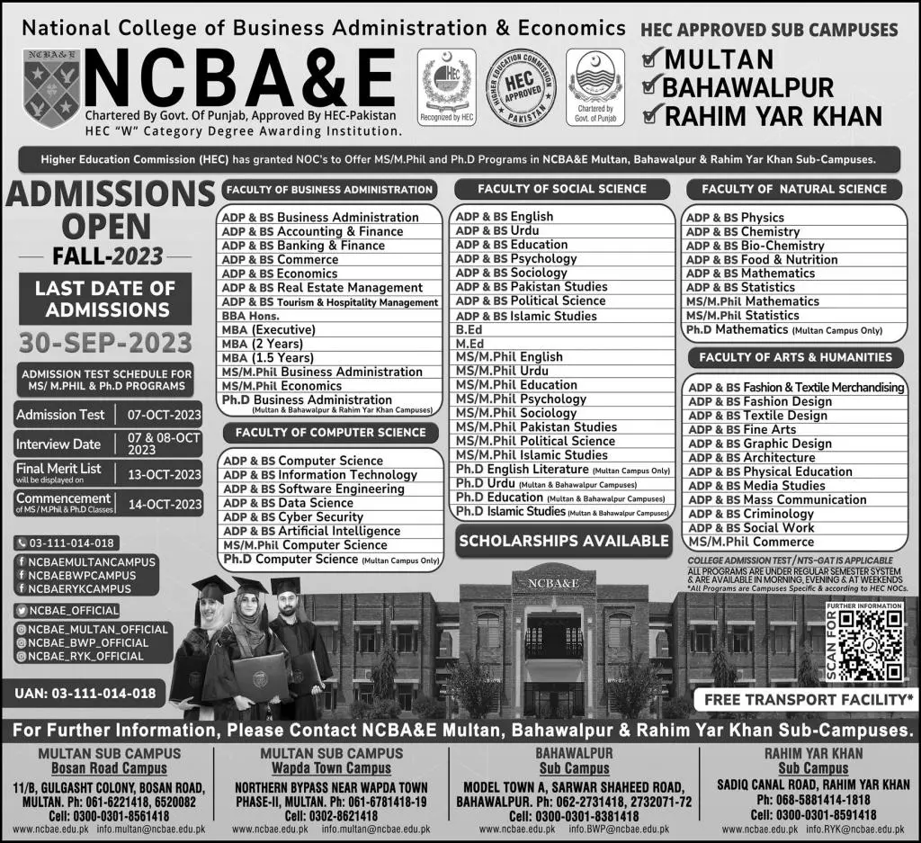 National College Of Business Administration Admissions 2023 – National College of Business Administration & Economics Lahore Admissions 2023 — original advertisement