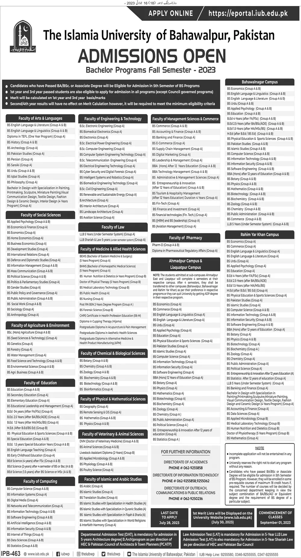 Islamia University Bahawalpur Admissions 2023 Admissions 2023 — original advertisement