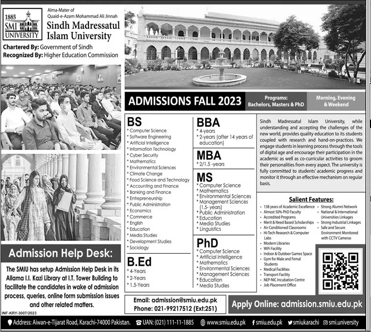 Sindh Madressatul Islam University karachi Admissions 2023 Admissions 2023 — original advertisement