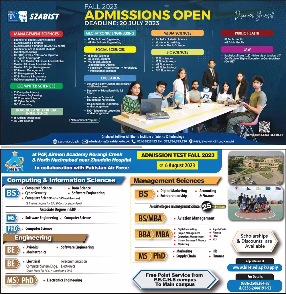 Shaheed Zulfikar Ali Bhutto Institute of Science Admissions – Shaheed Zulfiqar Ali Bhutto Institute of Technology Admissions 2023 — original advertisement
