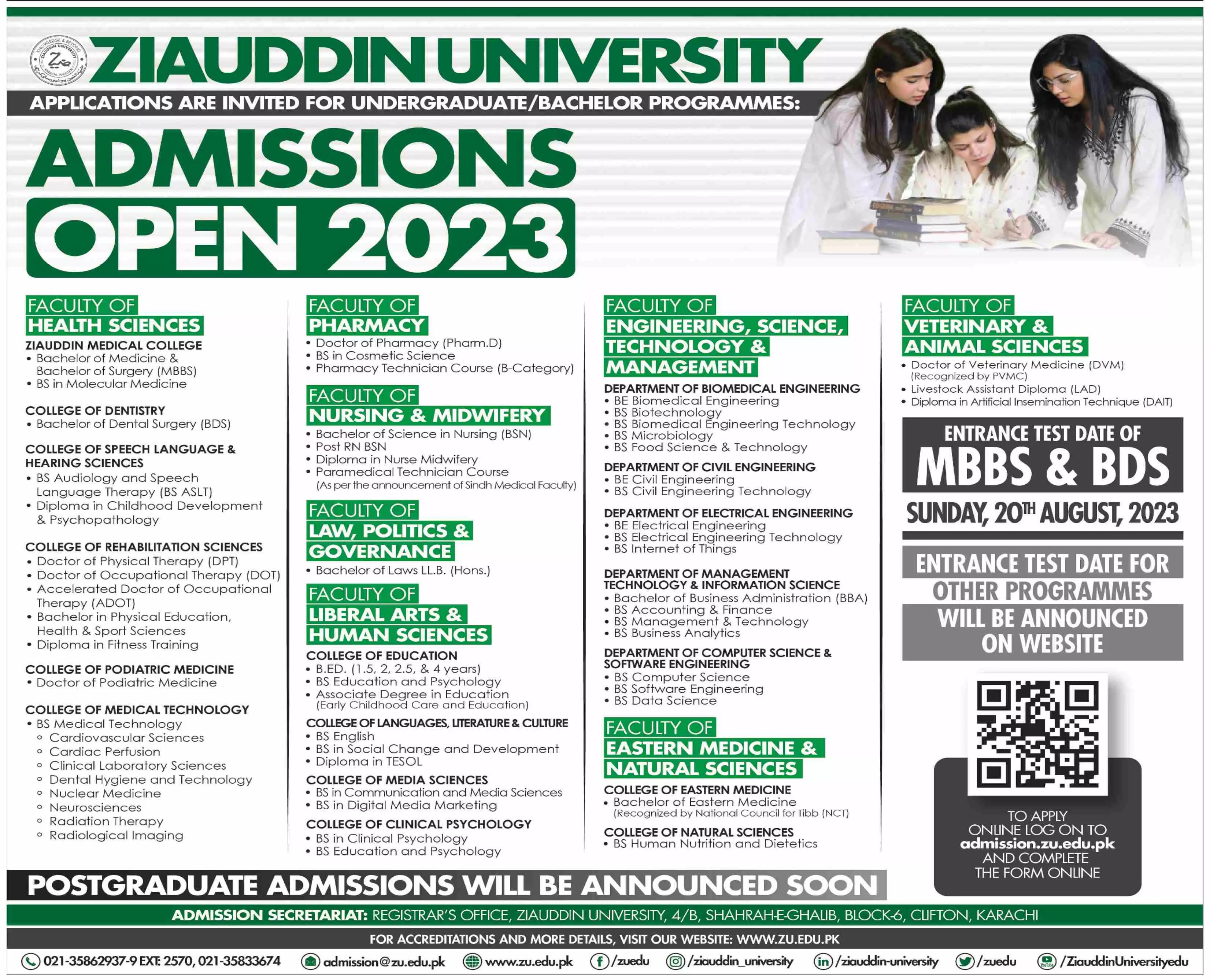 Ziauddin University Karachi Admissions 2023 Admissions 2023 — original advertisement
